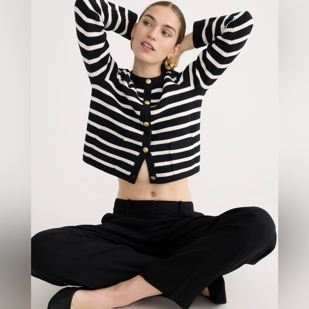 J.crew Emilie patch-pocket sweater lady jacket in stripe / Black ivory